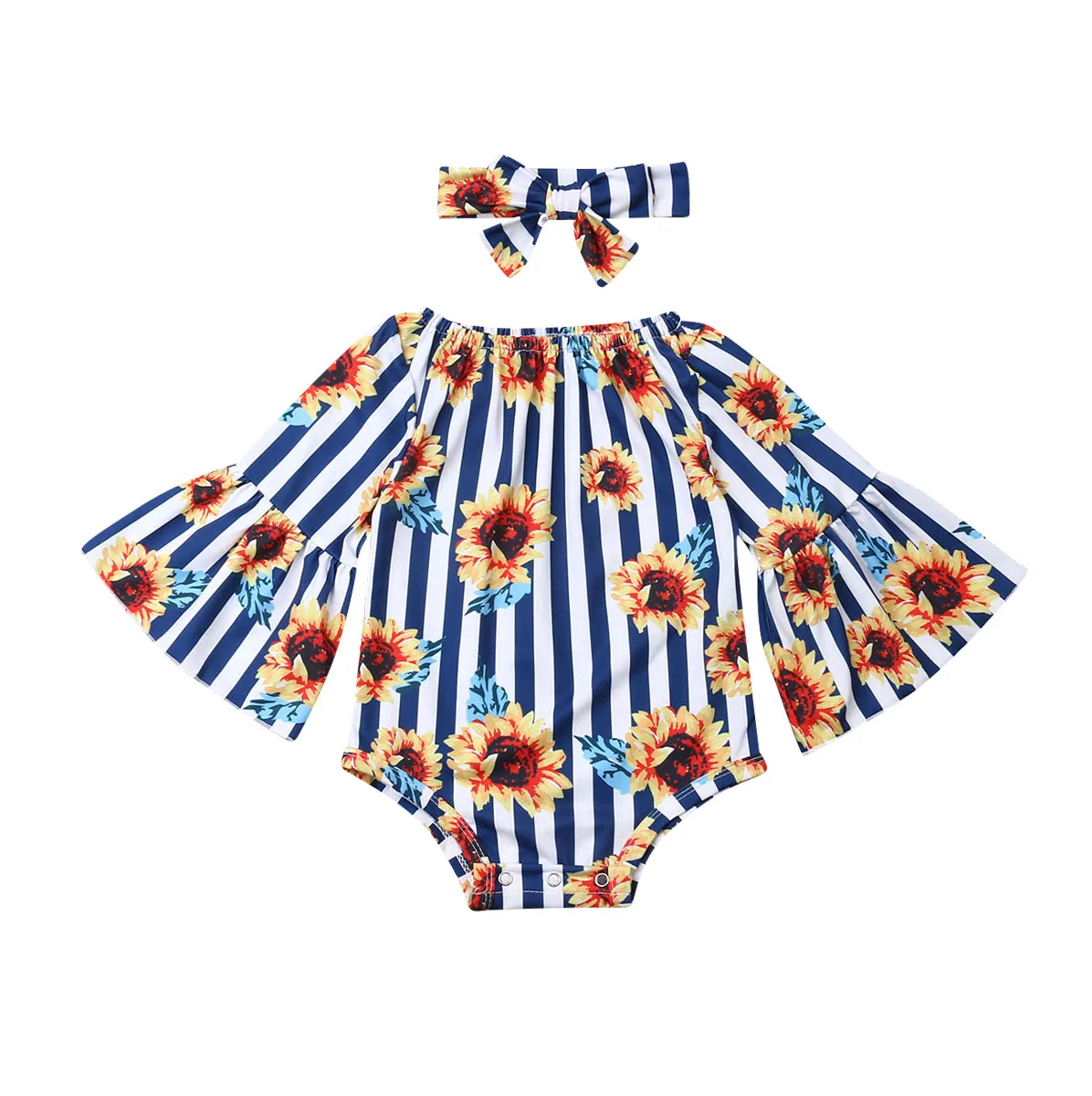 Бренд в богемном стиле новорожденных, малышей и детей младшего возраста состоящий из для маленьких девочек в полоску с изображением подсолнуха комбинезон, боди, повязка на голову осенняя одежда праздничная одежда наборы для ухода за кожей - Цвет: Синий