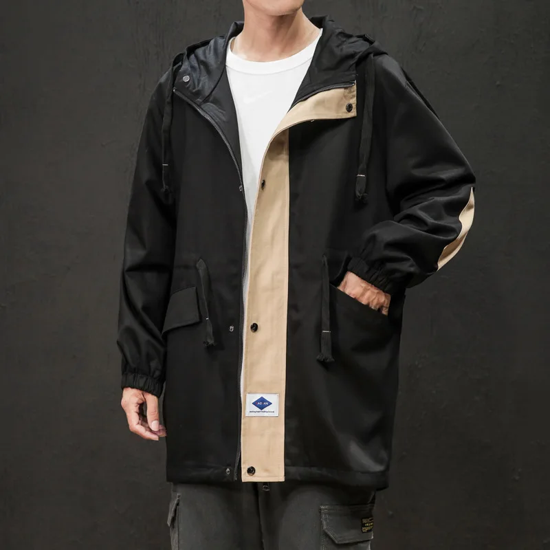 BQODQO черный Хлопковый тренч длинное пальто для мужчин стимпанк Мужская ветровка осень повседневное пальто корейский стиль военная куртка для мужчин - Цвет: Черный