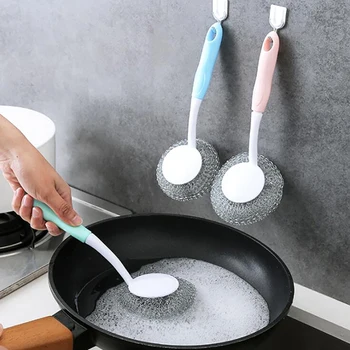 

1pcs Utility Plastic Steel Ball Brush Long Handle Cleaning Brush Kitchen Hanging Strong Cleaning Tools