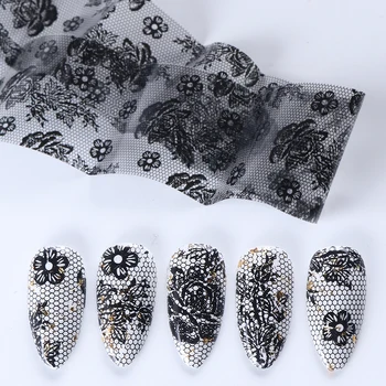 

Black Lace Sexy Nail Foil Paper Glue Adhesive Transfer Sticker Nail Art Lace Floral Slider Wraps 3D Decoration Manicure BEXK12-1