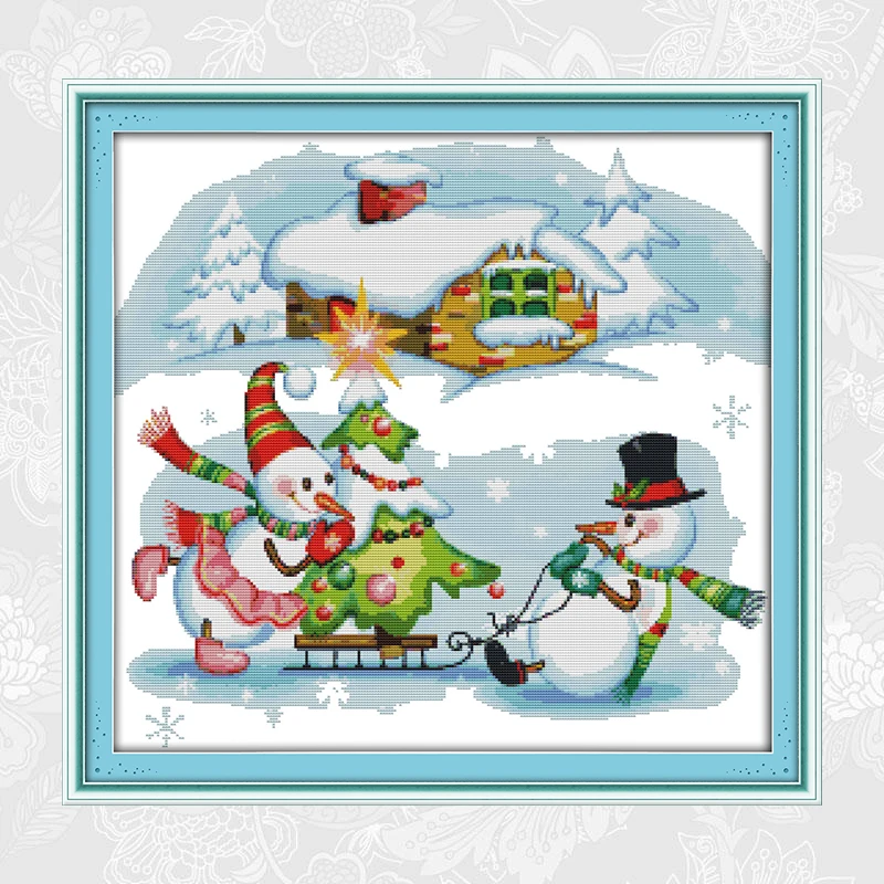

Christmas Snowman Cross Stitch kit Aida Fabric 14ct and 11ct Count Print Canvas Embroidery Handmade Needlework