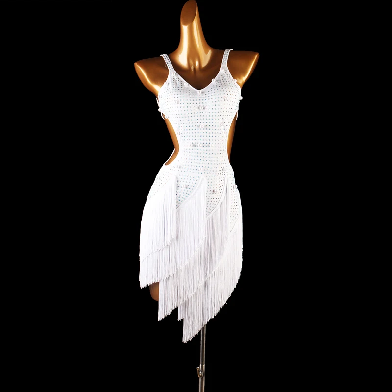 

New Rhinestone Sexy Fringe Latin Competition Dress For Women White Pearl Tassel Performance Tango Clothes Custom Made DQL4268