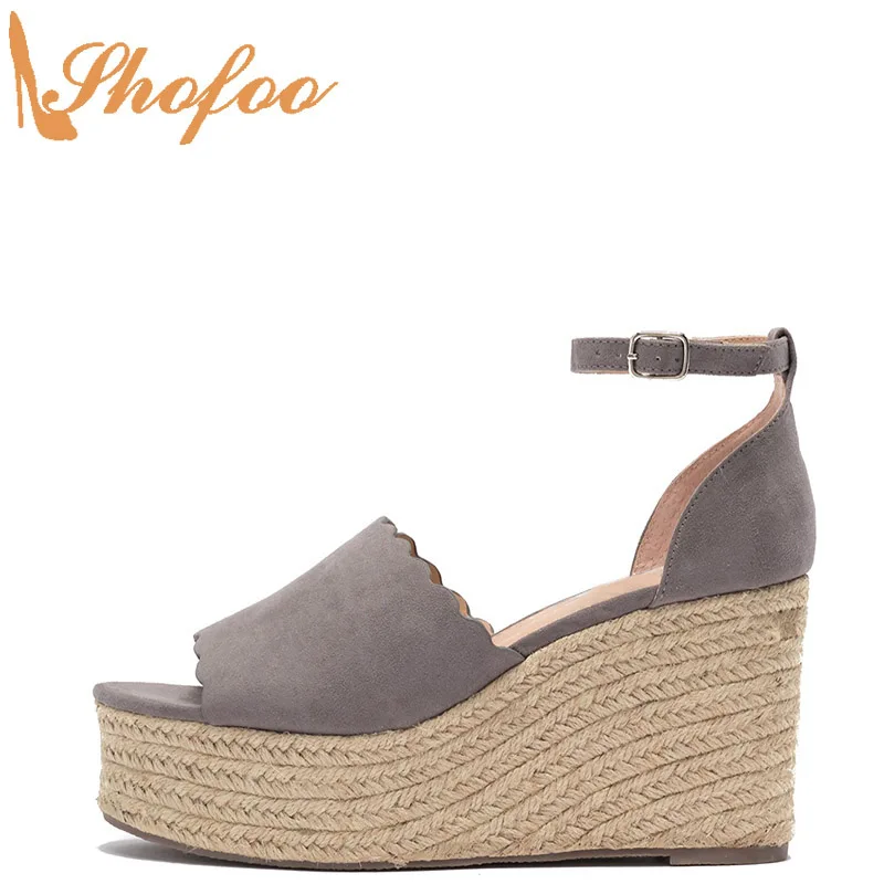 

Grey Platform High Wedge Heels Sandals Women Large Size 12 16 Ladies Fashion Scallop Trim Adjustable Buckle Strap Shoes Shofoo