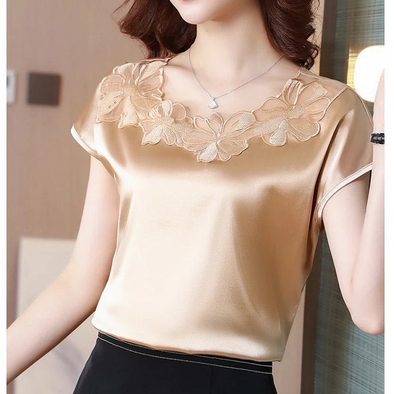 

Белая шифоновая шелковая блузка GGRIGHT, Рубашки, Топы 2021, летние топы с коротким рукавом и кружевом, женские блузки, повседневные женские рубашки с круглым вырезом