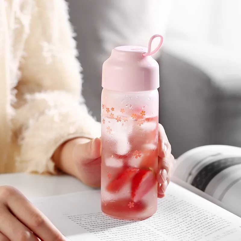 Стеклянная бутылка для воды, вишневые цветы, матовое изменение цвета, креативная портативная посуда для напитков, бутылки, термостойкая чашка для детей, девочек