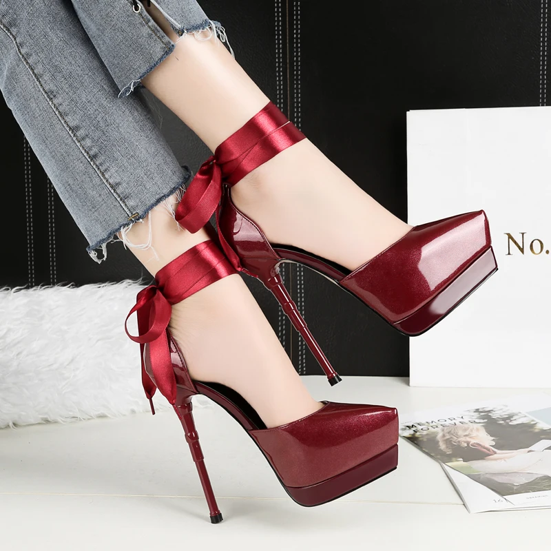 

Luxury High Heels Sandals Patent Pointy-Toe Strappy Women's Shoes Ankle Strap 3Cm Platform Stiletto Burgundy Silve zapatos mujer