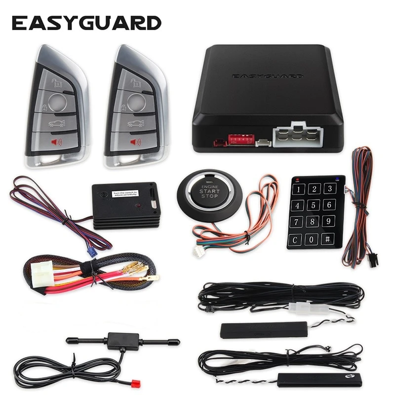 

EASYGUARD brand new cool style remote control PKE car alarm system push button start remote engine start shock warning DC 12V