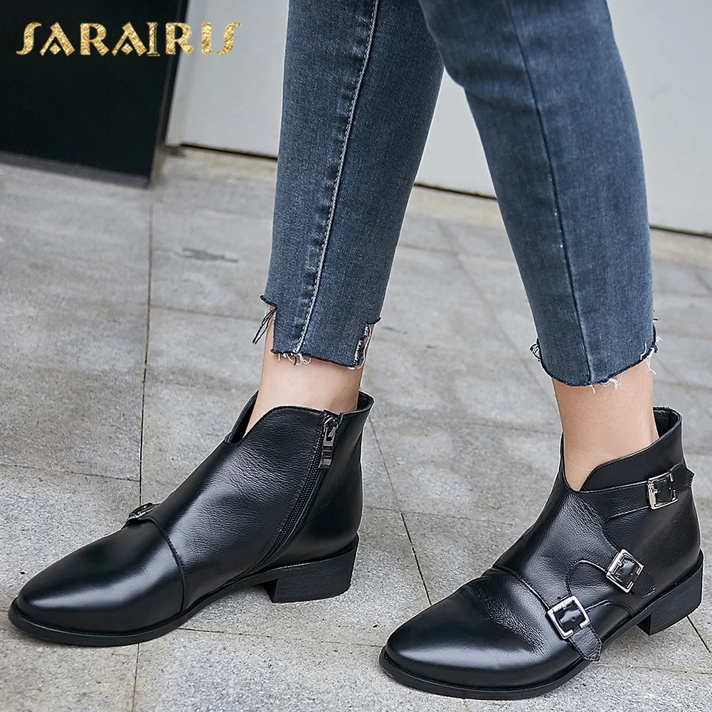 

Sarairis Genuine Leather Boots Women British women's Shoes Buckle Zip Autumn Motorcycle Boots Woman Ankle Boots Female 33-43
