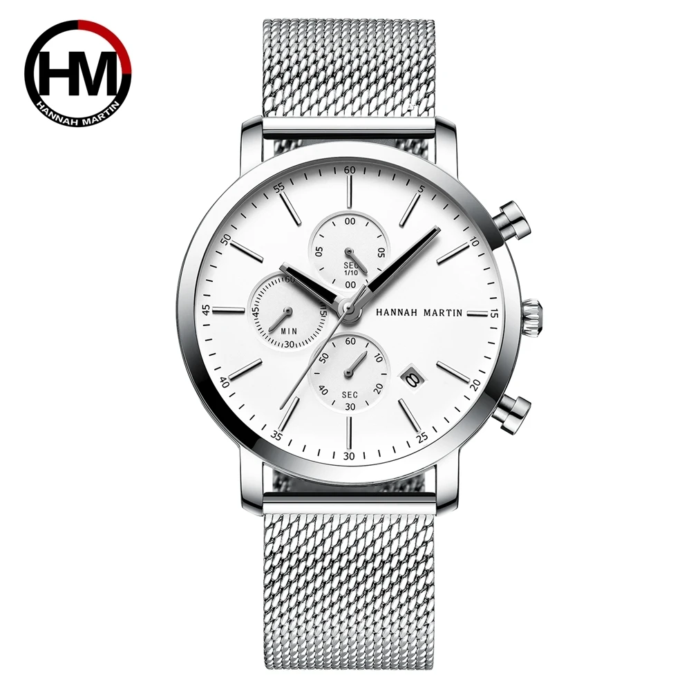 Dial Calendar Watch Men multifunction Stainless Steel Mesh strap business casual Waterproof Wrist watches Relogio Masculino - Цвет: HM109B WY