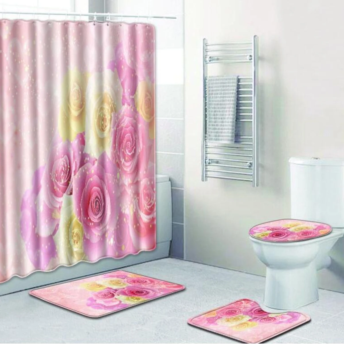 3D ванная комната Красная роза цветок водонепроницаемый Душ занавеска Туалет крышка нескользящий коврик набор День Святого Валентина Свадебная вечеринка украшения - Цвет: C 4PCS