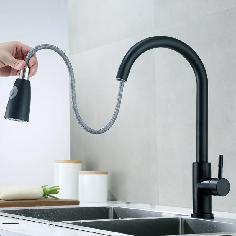

304 Stainless Steel Tap Black And White with Pattern Baking Varnish Pull-out Kitchen Faucet Hot And Cold Washing Basin Sink Warm