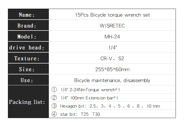 WISRETEC оконный динамометрический ключ 1/4 дюйма 2-24нм регулируемый велосипедный динамометрический ключ для велосипеда Набор торцевых головок