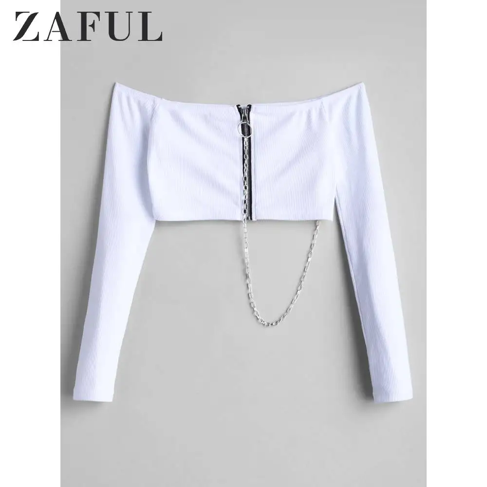 ZAFUL ребристый топ с открытыми плечами, цепочкой и молнией спереди для женщин, с длинным рукавом, укороченные сексуальные тонкие топы для поясницы, осень, новинка
