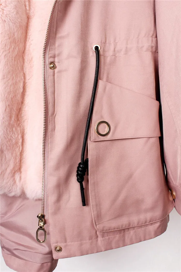 Back flowers embroidery letter real fur parka coat women thick rabbit fur lined short winter jacket real fox fur collar hood
