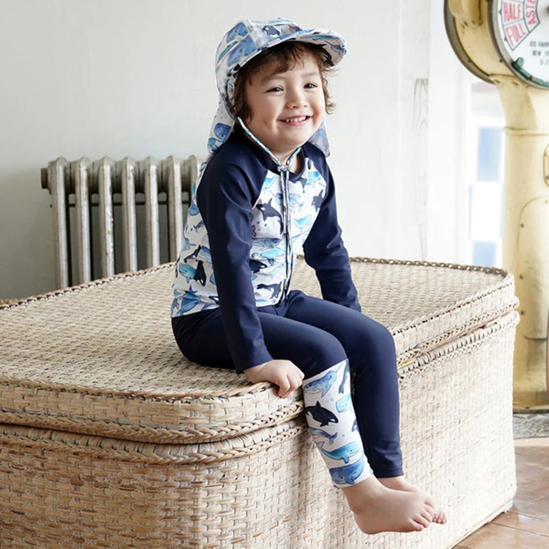 Shark Boy's 3-piece suit long sleeve anti rash UPF50 + anti ultraviolet swimsuit children's swimsuit with cap and swims children swimwear