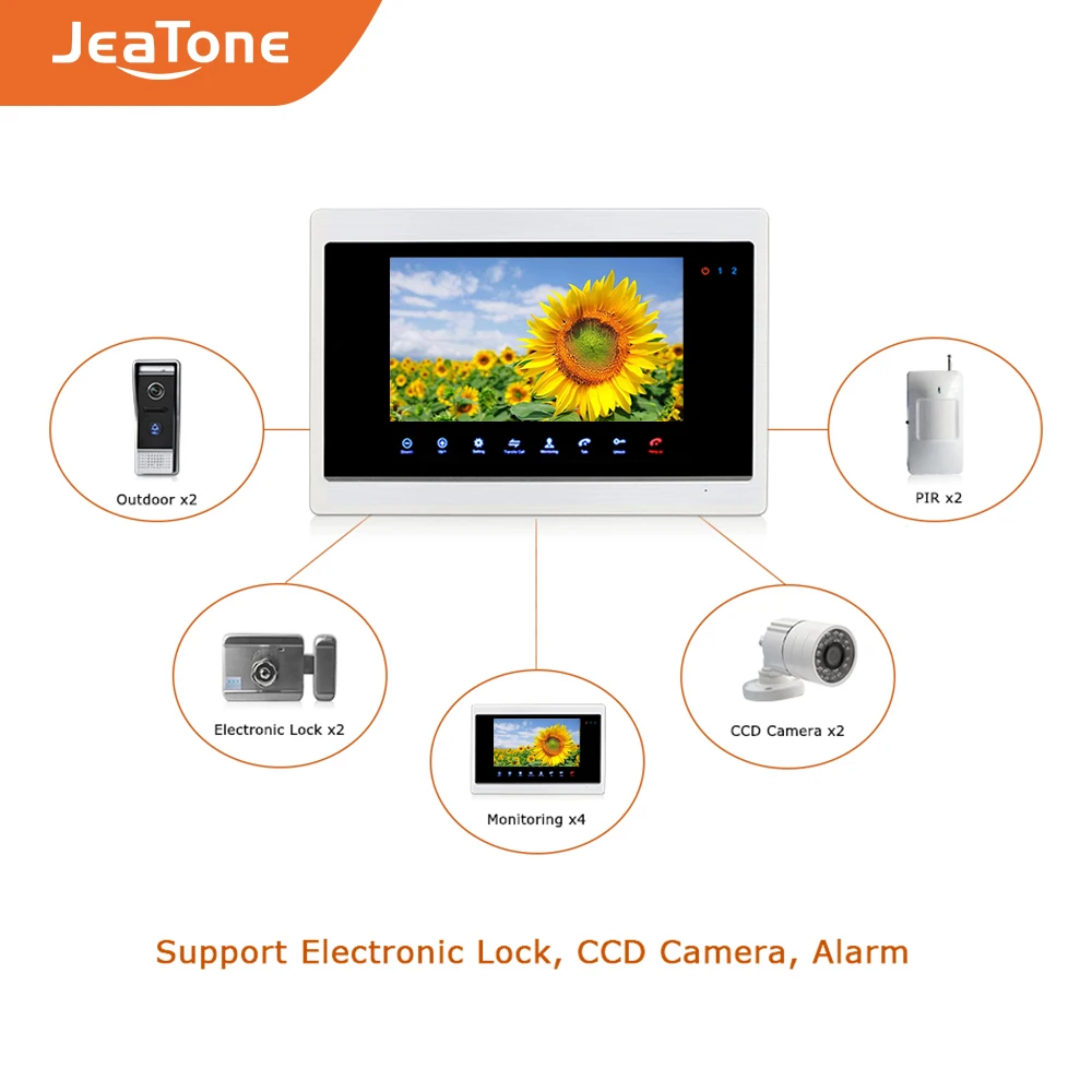 Видеодомофон JeaTone 7 дюймовый дверной звонок 2 IR Night 1200TVL с камерой и 1 TFT сенсорная