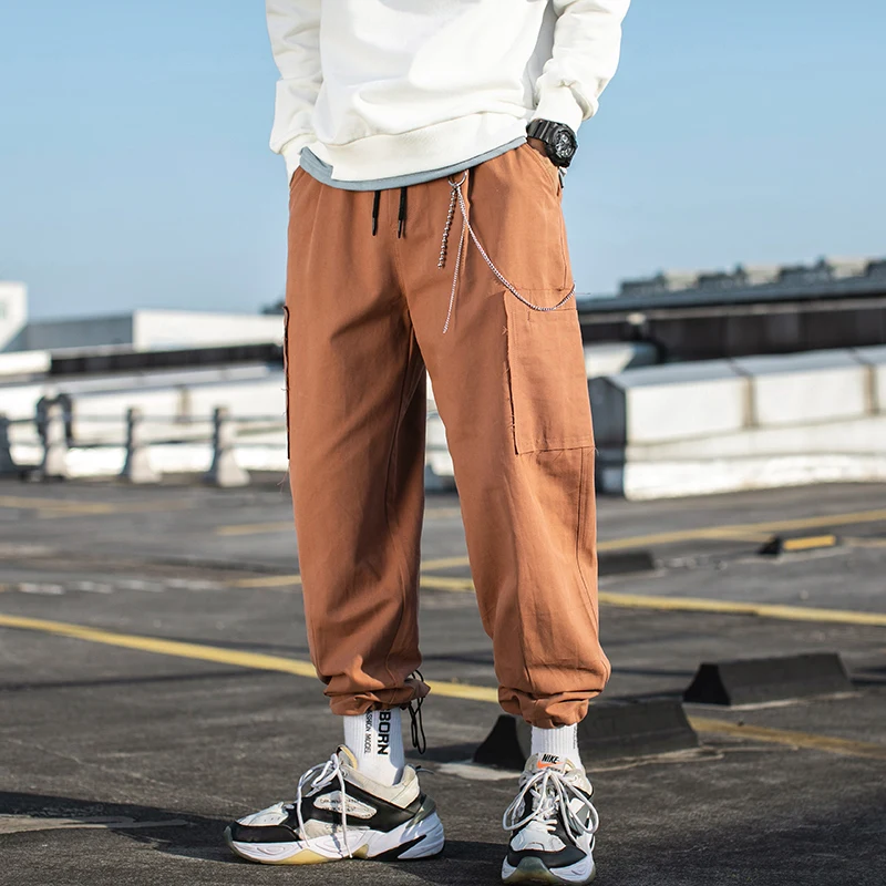 Оранжевый Men's Trousers Solid color jogging High quality Cotton Casual Pants splice Big-pocket Hip Hop Autumn Fashion Cargo Pants A1012 - Цвет: Оранжевый