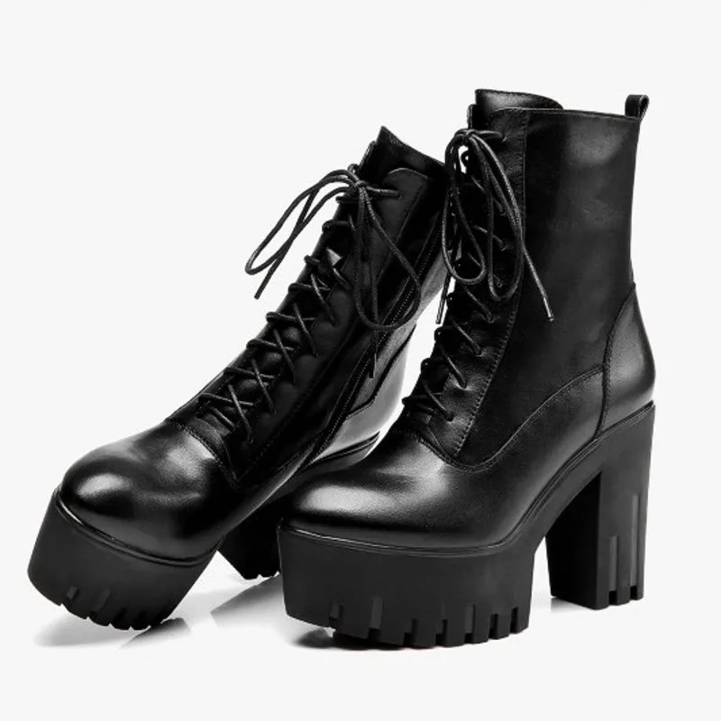 

Сапоги женские из натуральной кожи, Винтажные эластичные, на платформе, с перекрестной шнуровкой, высокий каблук, в британском стиле, в стиле пэчворк