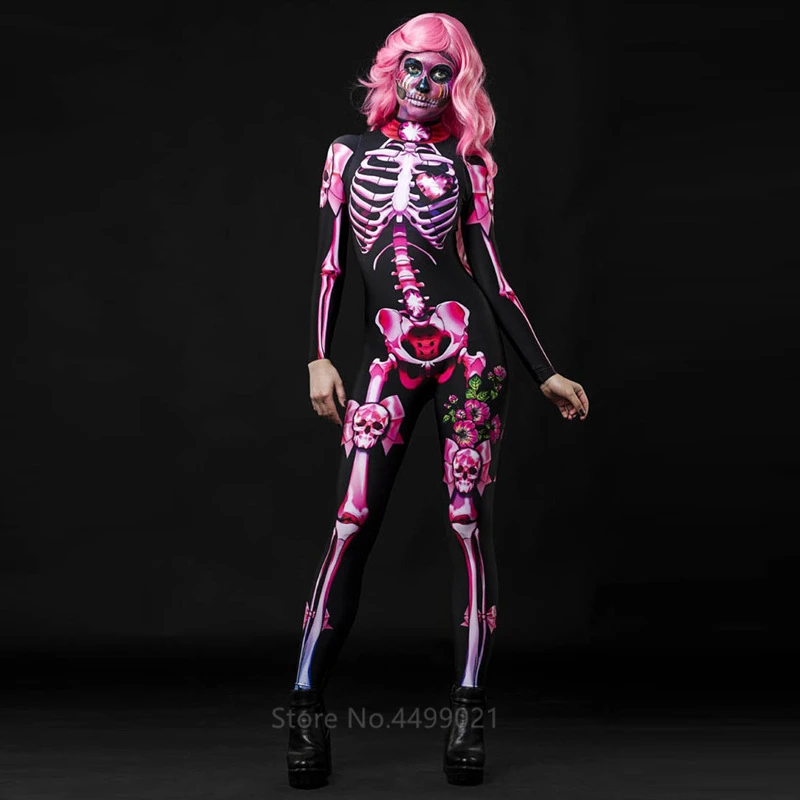 Color 1 Jumpsuit Розовый Скелет Хэллоуин косплей комбинезон парик Женский страшный костюм жуткий нарядное платье День мертвых Мумия ужас карнавальные Вечерние - Цвет: Color 1 Jumpsuit