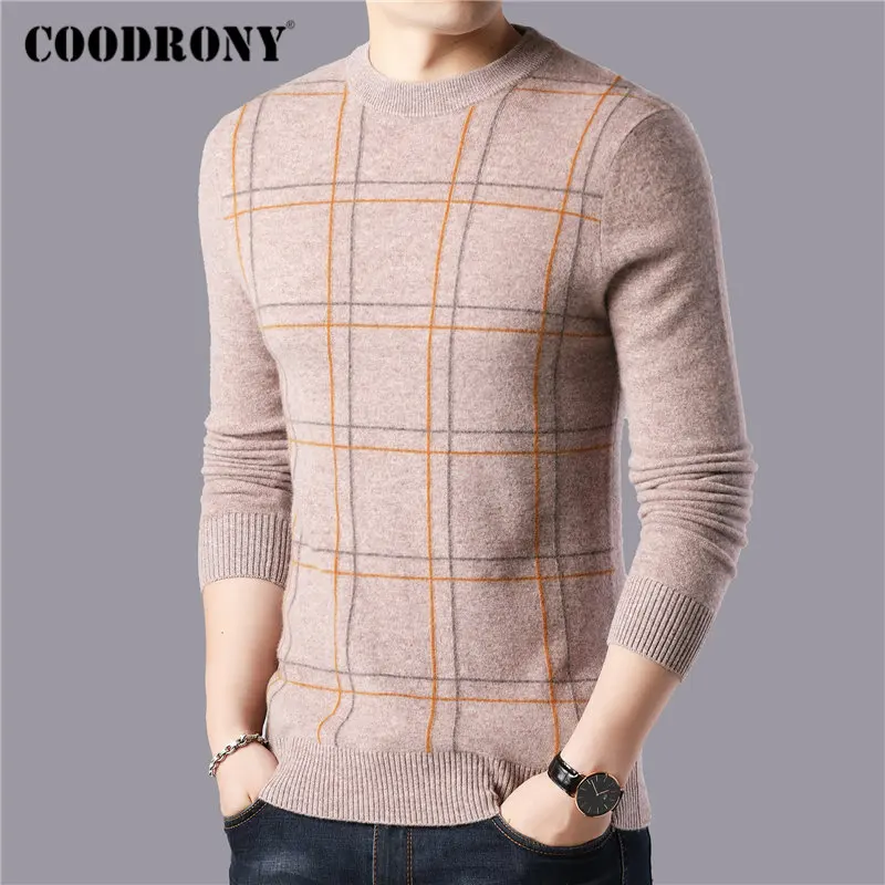 COODRONY Brand 100% Merino Wool Sweater Men Fashion Plaid Pull Homme Winter Thick Warm Soft Cashmere Sweaters Pullover Men 93047