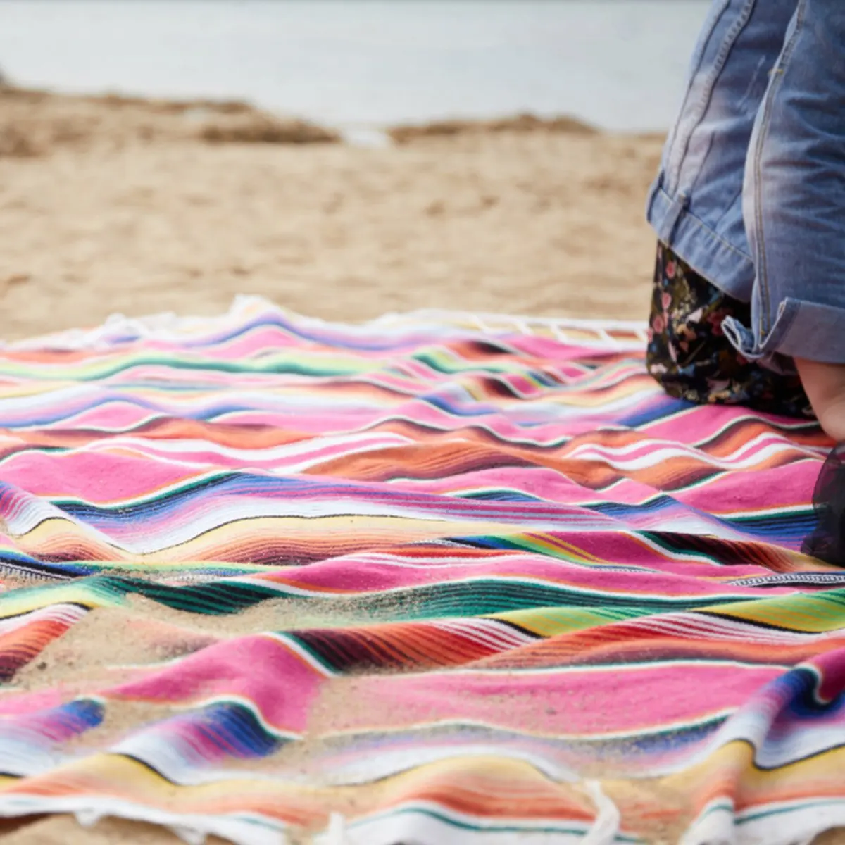 150X200CM Mexican Ethnic Style Beach Blanket Cotton Handmade Rainbow Blanket Home Tapestry Beach Camping Picnic Travel Plane Mat