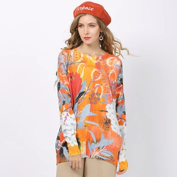 

Autumn Spring Casual Print Sweater Women's Clothing Knitted Pullover Tops Casual Outerwear Loose Plus Size Sweaters TA6325