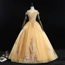 VESHJA DASMES Золотое роскошное бальное платье с открытыми плечами, винтажное кружевное платье с вышивкой для выпускного бала