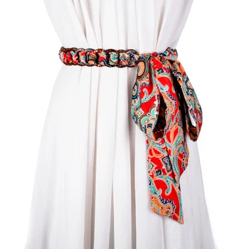 

National Style Silk Knotted Waistband Women's Decorative Dress Wild Coconut Shell Pants Ribbon Flowers Print Decorative Long