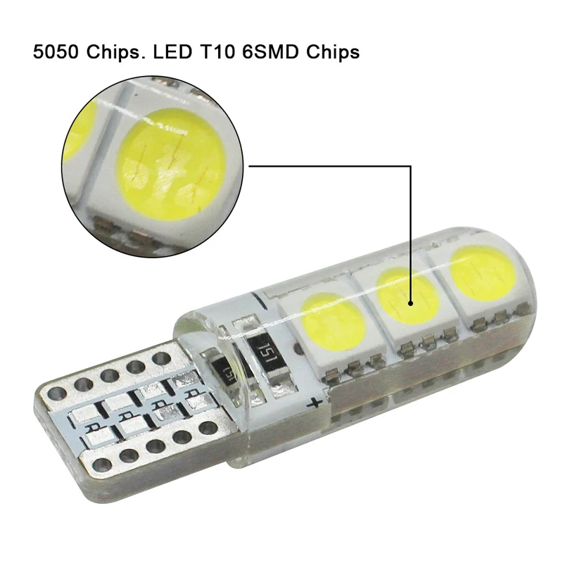 10 шт. Автомобильный светодиодный T10 лампы 12V 5050 6 SMD белый Силиконовый W5W 194 парка светильник багажник авто светильник s укрыты внутренной сводной чтение дверь лампа