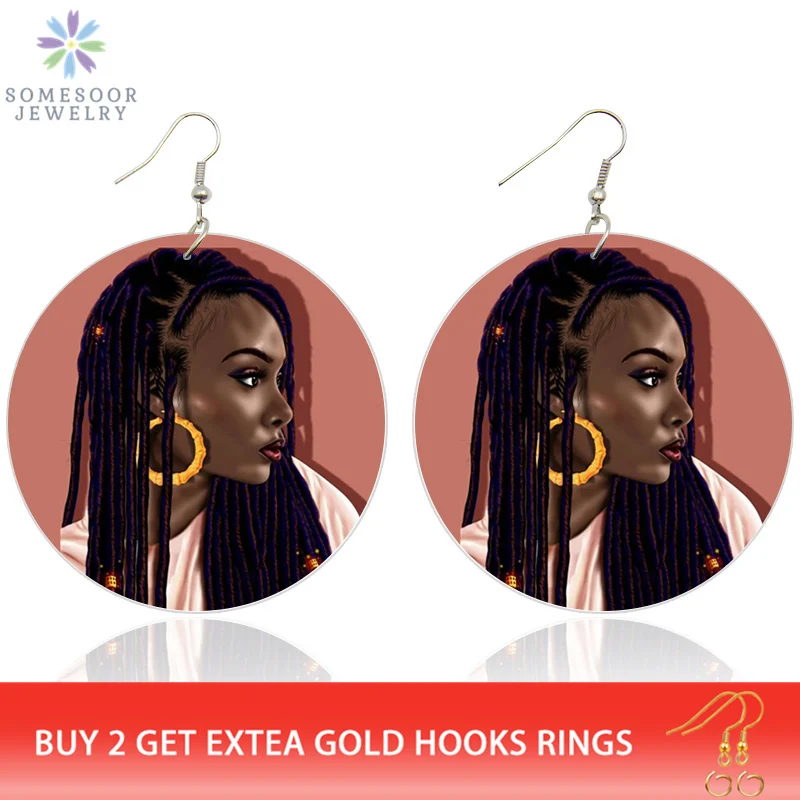 Women Wooden Painting Earring African Girls Image Hook Ear Pendant Drop Earrings