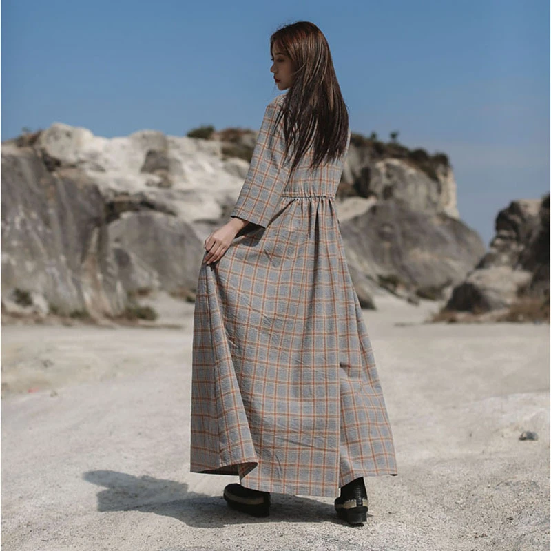 NINI WONDERLAND женское платье весеннее клетчатое Хлопковое платье Femme винтажное длинное платье в стиле леди Мори девушка макси платья большой размер
