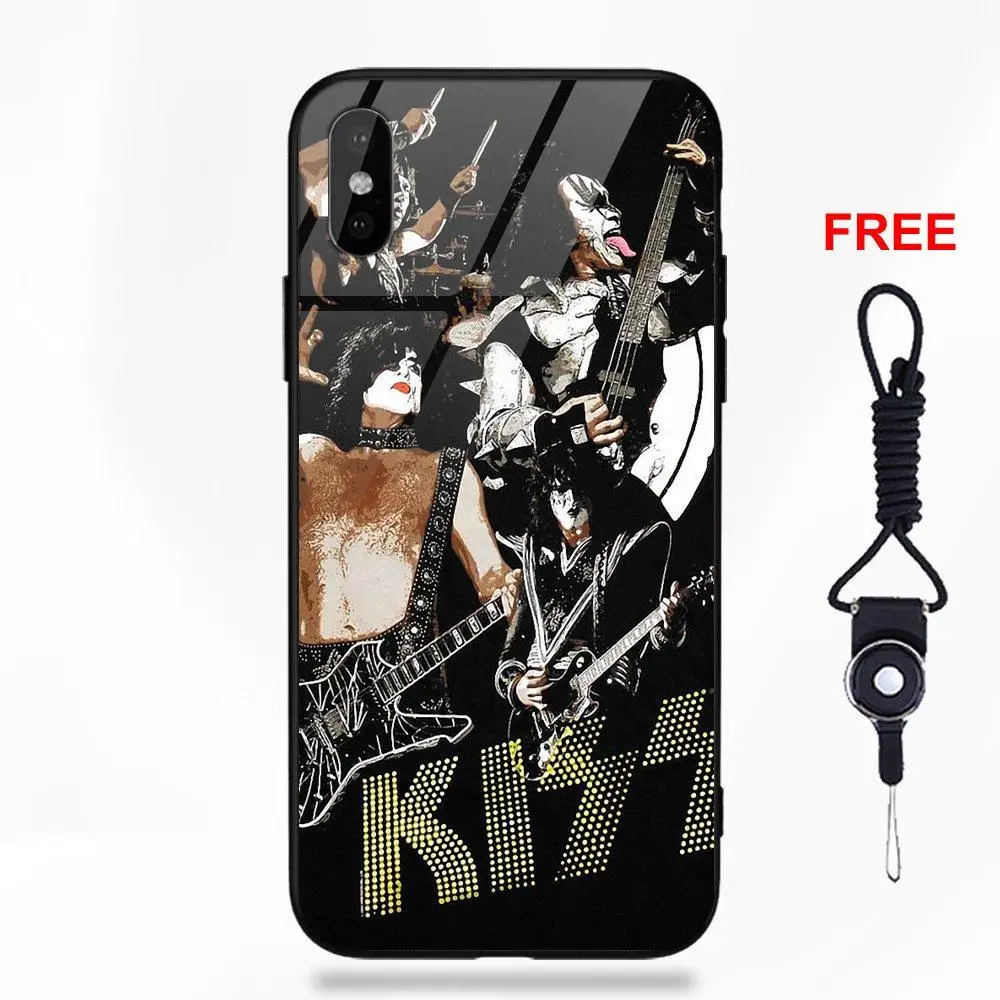 Рисунок мягкий ТПУ чехол+ закаленное стекло чехол для телефона Apple IPhone X XS Max XR 5 5C 5S SE 6 6S 7 8 Plus Kiss тяжелый Логотип рок-группы - Цвет: as picture