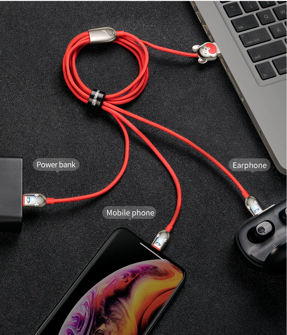 Usb-кабель Baseus 3 в 1 type C для iPhone XR XS Max, зарядный кабель USB type C для samsung S10 S9 huawei, светодиодный кабель Micro usb