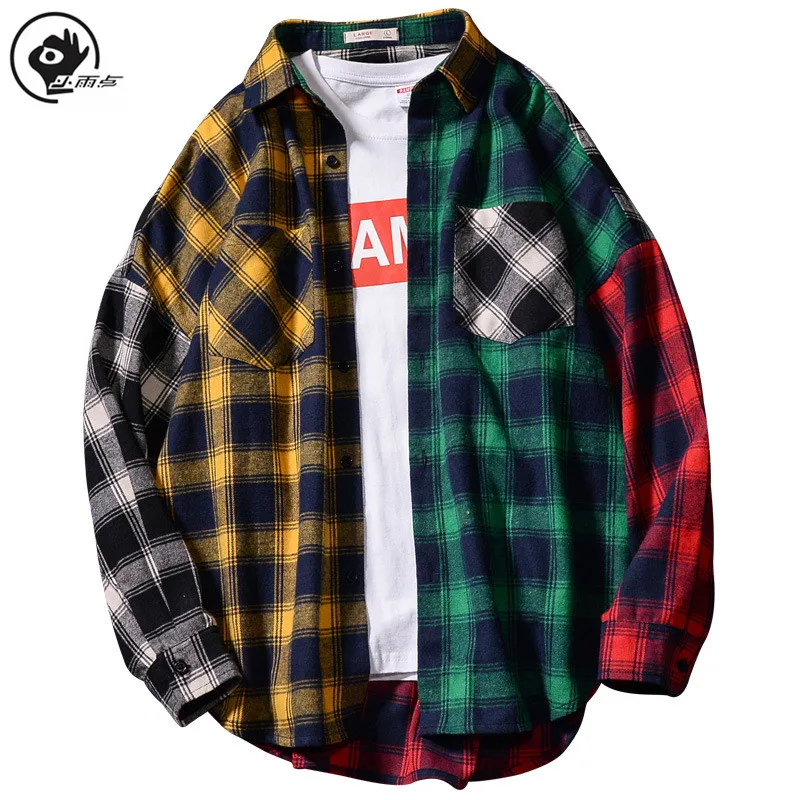 

Little Raindrop Men Long Checked Shirt In Regular Shirt With Turn-Down Collar Patchwork Long Sleeve Shirt Fashion Streetwear
