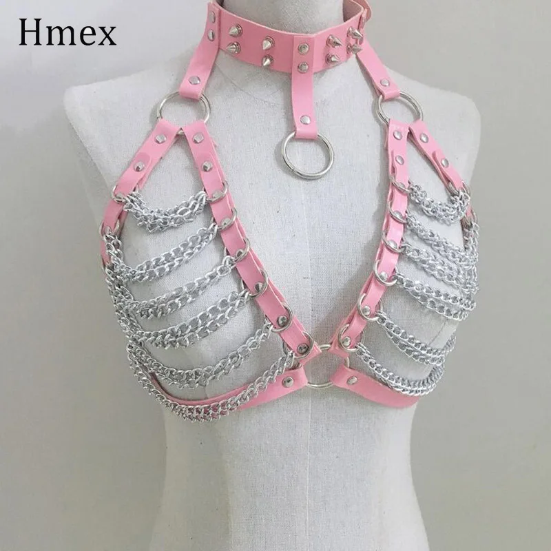 Pink 1 Розовый кожаный ремень безопасности цепи бюстгальтер бандаж бретели для женщин Готический регулируемый длинный кистями пояс для подтяжек - Color: Pink 1