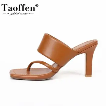 

Taoffen Genuine Leather Women Sandals Summer Thin High Heels Shoes Elegant Flip-Flops Banquet Beach Casual Shoes Size 34-39