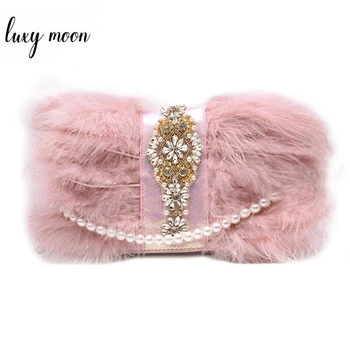 

Pink Handbag Women Leather Shoulder Bag Exquisite Diamond Wedding Clutch Bag with Pearl Handle White turkey Fur Bag ZD1379