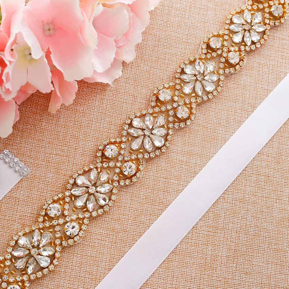 Mecresh Gold Color Flower Wedding Dress Belt Sash Bridal Geometric Rhinestone Crystal Ivory Pink Black Belt for Women MYD037