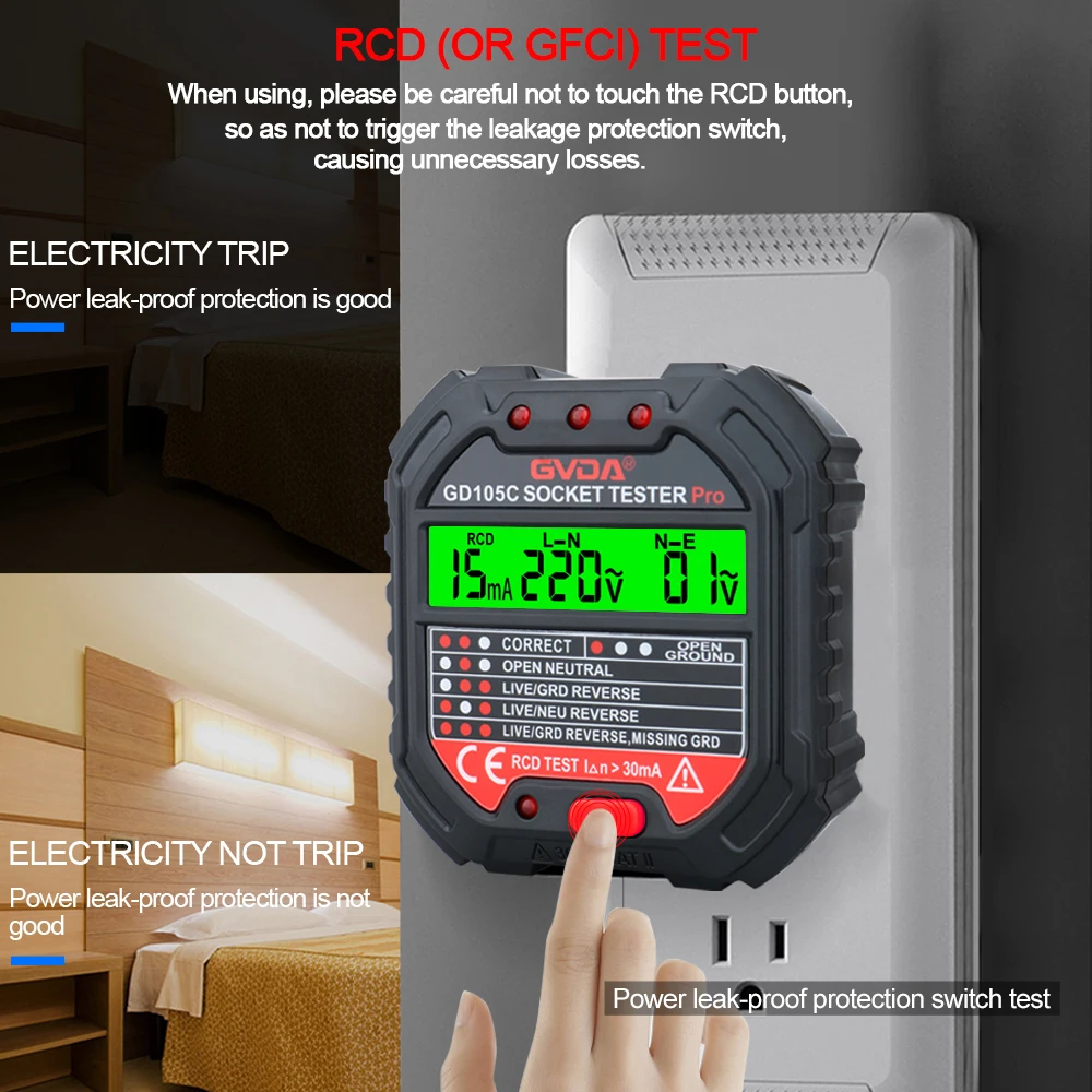 GVDA Socket Outlet Tester Voltage Detector Electric Circuit Breaker Finder Ground Zero Line US EU UK Plug Polarity Phase Check 3