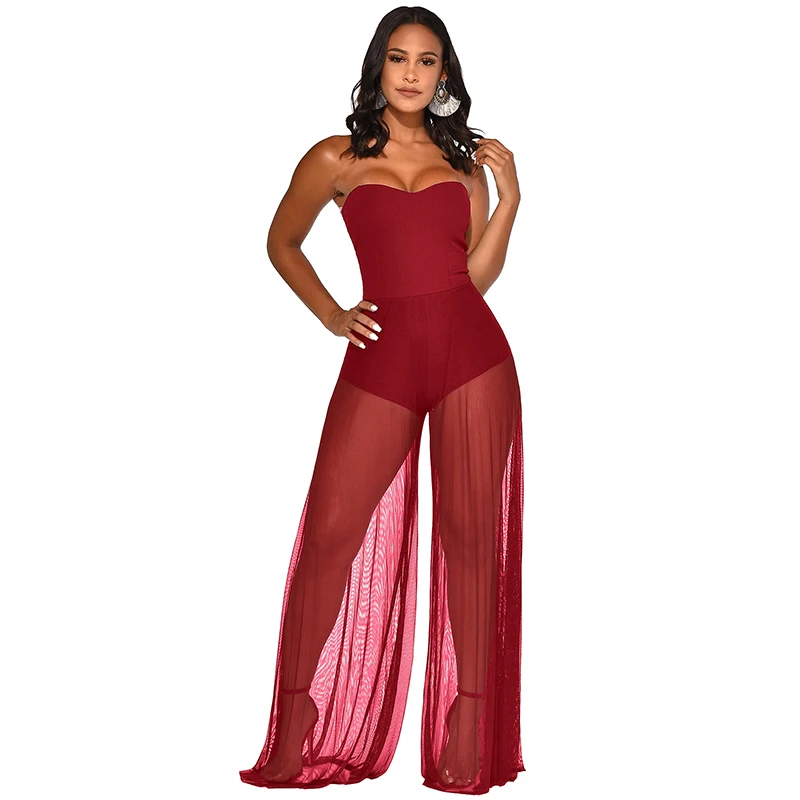 Женский прозрачный сетчатый комбинезон без бретелек с открытыми плечами