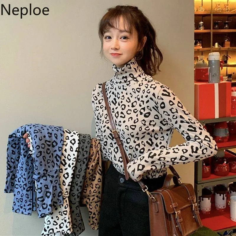 

Neploe Korean Autumn New Leopard Print Bottom T Shirt Turtleneck Thick Student Slim Tees Simple Soft O Neck Top 46092
