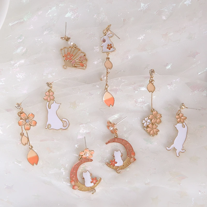 Japanese Cute Cartton Animal  White Rabbit Bear Clip on Earrings Pink Sakura Cat Clip Earrings Without Piercing for Women Girls