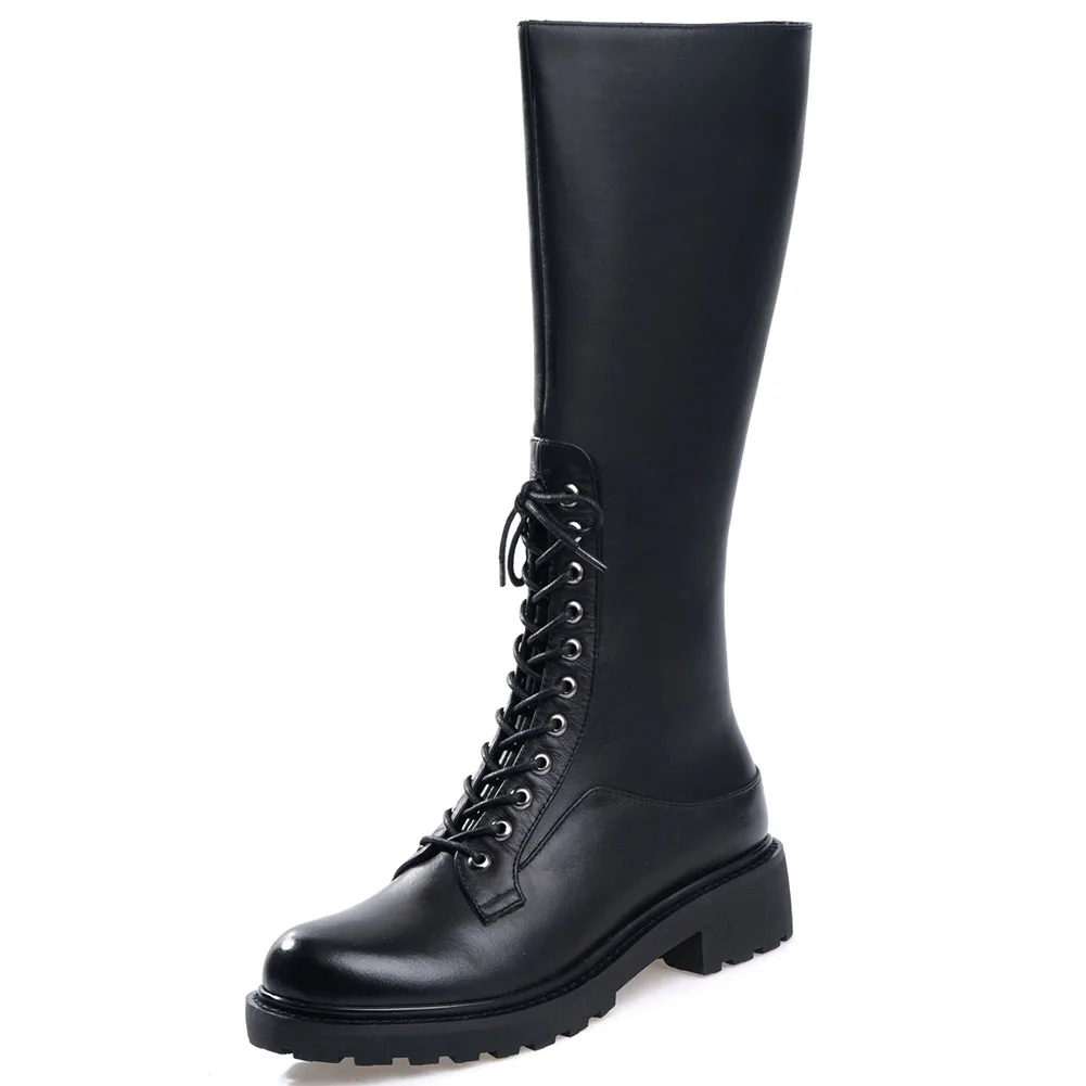 RIBETRINI/Винтажные женские ботинки Martens из натуральной кожи Осенняя обувь на низком каблуке с резиновой подошвой женские сапоги до колена на платформе - Цвет: Черный