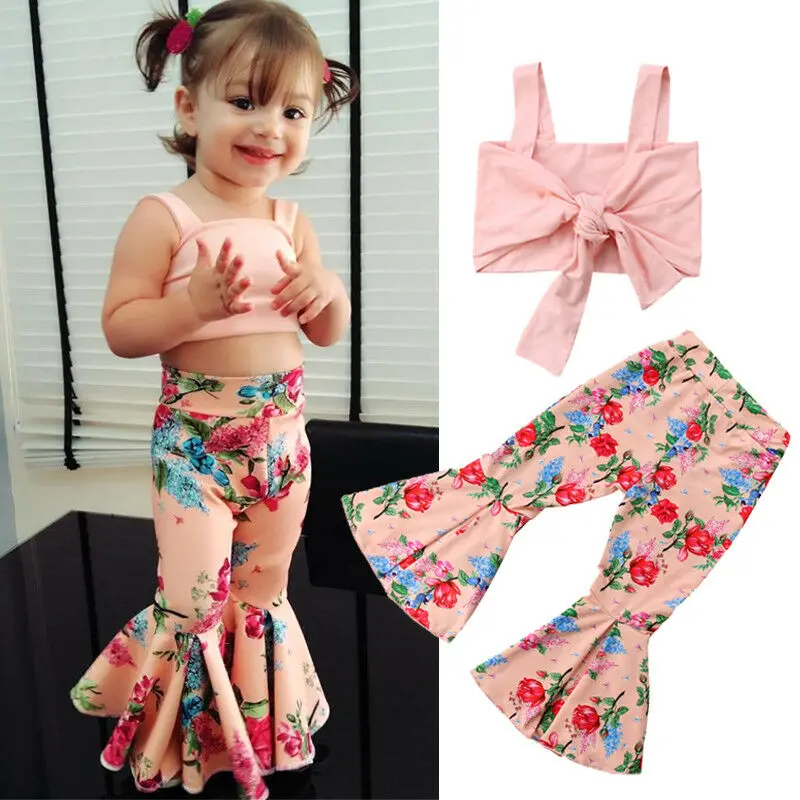 

Summer Stylish Kids Clothes Baby Girls Floral Bandage Bow Pink Tops Bell-bottoms Pants Outfit Clothes