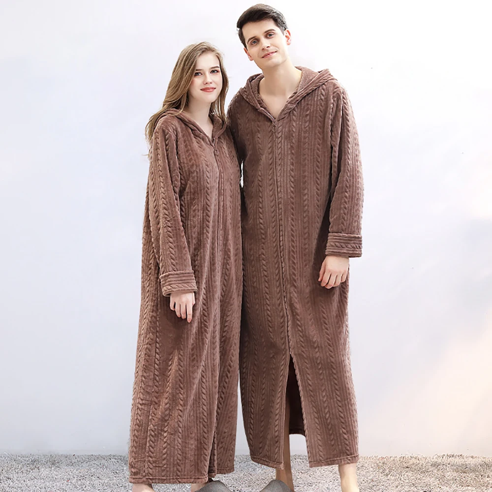 Autumn Winter Fashion Zipper Hooded Bathrobe Men Flannel Warm Thicken Long Kimono Dressing Gown Loose Robes for Women Sleepwear
