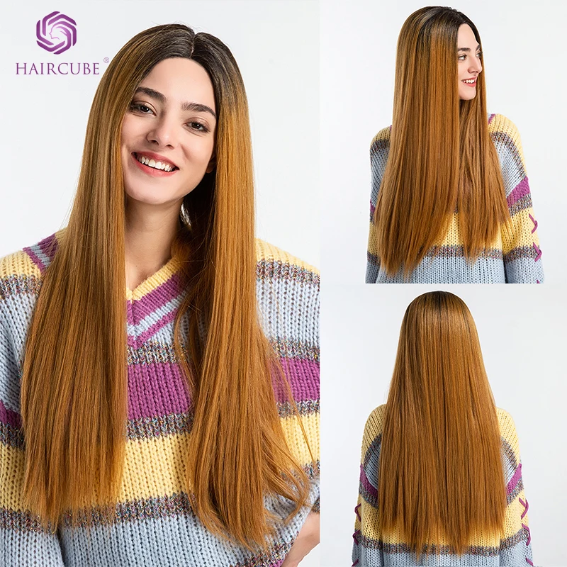 

Haircube Synthetic Lace Front Wigs Long Straight Hair Ombre Black to Brown Wigs for Black Women Party or Daily Wear