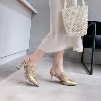 

New fashion sexy pointed ladies high heels leather lace gold black high heels spring and autumn high heels