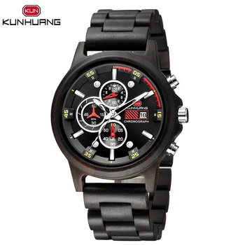 

KUNHUANG Wood Watch Men Chronograph Military Stopwatch Male Timepieces Show Date Luminous Quartz Watch reloj hombre 2020 New