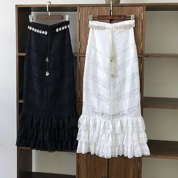 

Top Quality Luxury Skrits 2019 Autumn Hollow Out Layers Lace Patchwork Shells Belt Deco Elegant Mermaid Skirt