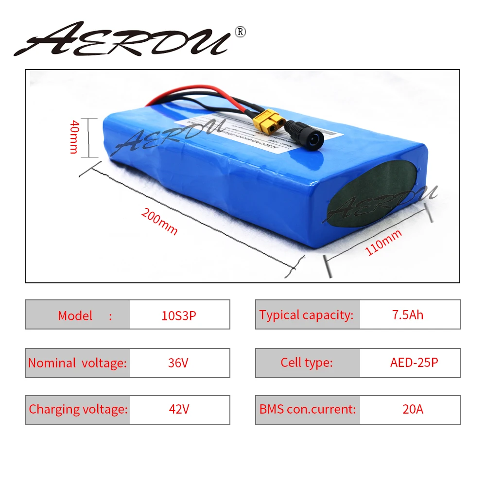 

AERDU 36V 10S3P 42V 7.5Ah Ultra thin 15A BMS High power capacity 18650 lithium battery pack ebike electric bicycle motor scooter